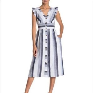J.Crew Point Sur Chambray Stripe Fit and Flare Ruffle Sleeve MIDI Dress pockets